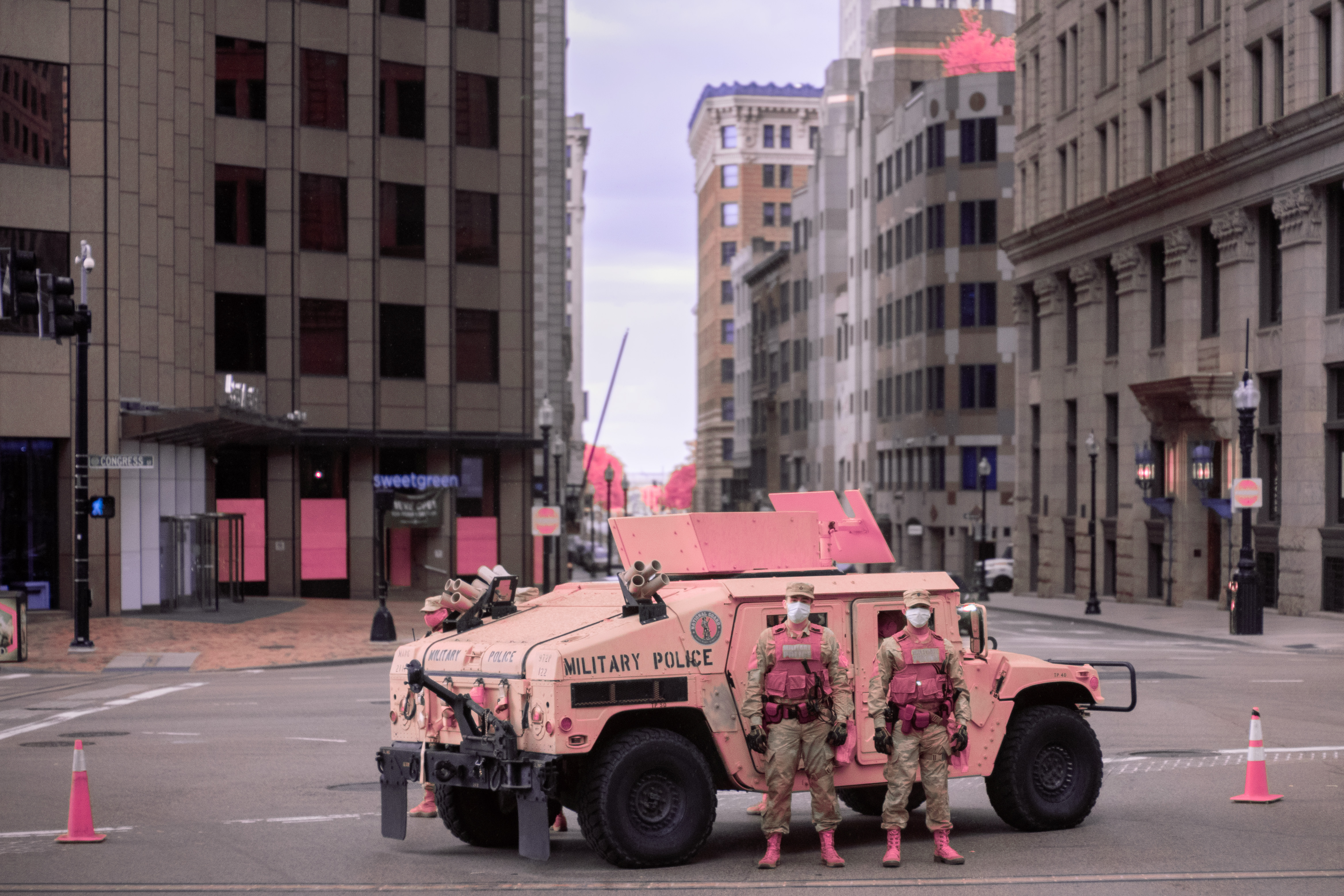 Photojournalism by the Boston photographer, David Degner. An infrared photograph of military police in Boston, Massachusetts.
