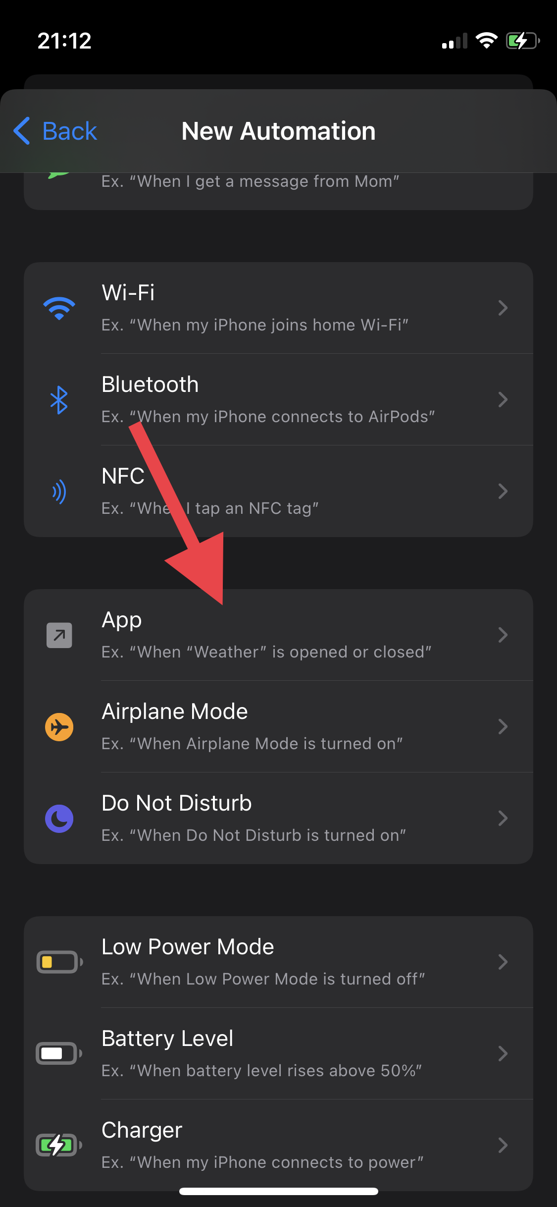 Scroll down a little and select “App”
This will allow us to trigger the automation by opening the Camera App