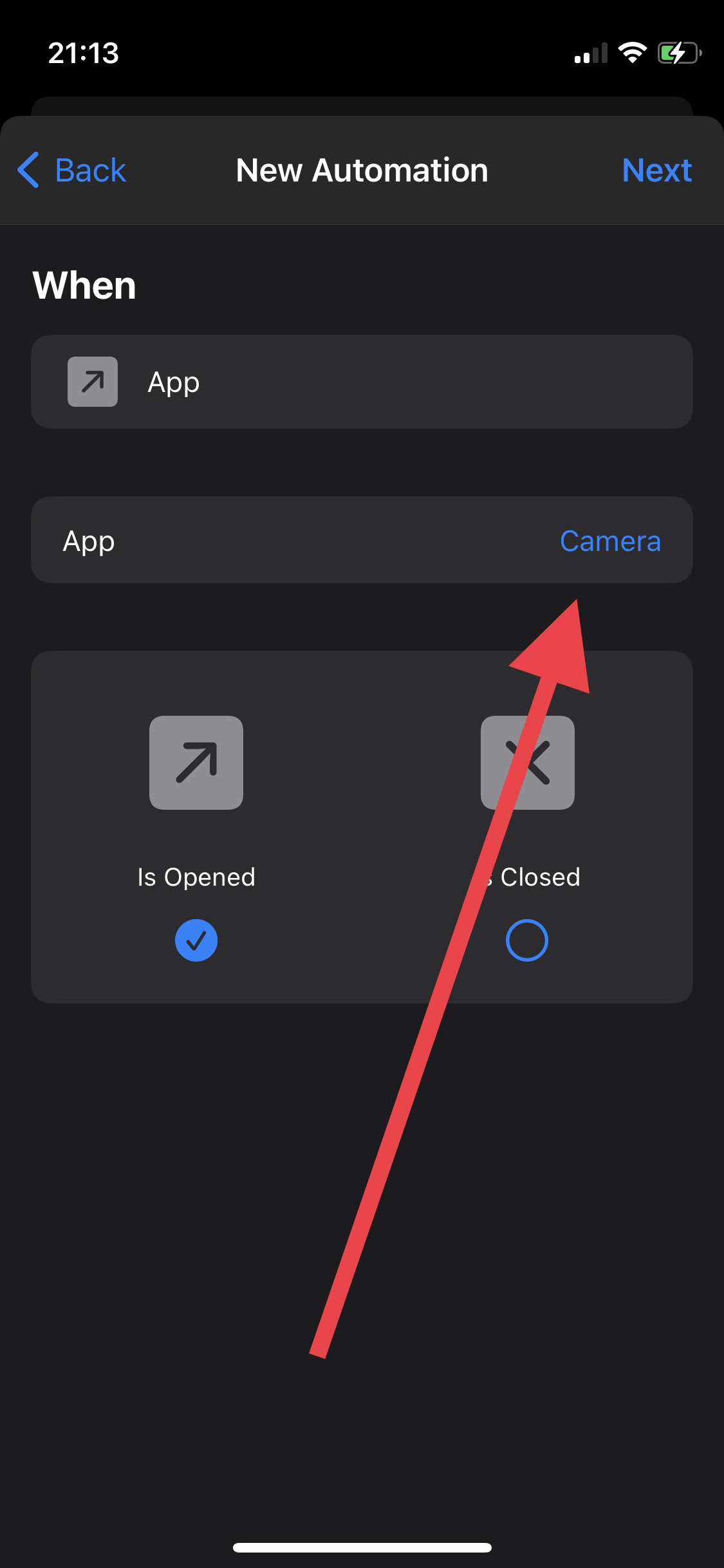 Choose “Camera” on the next screen under the app that we want to use as our trigger.