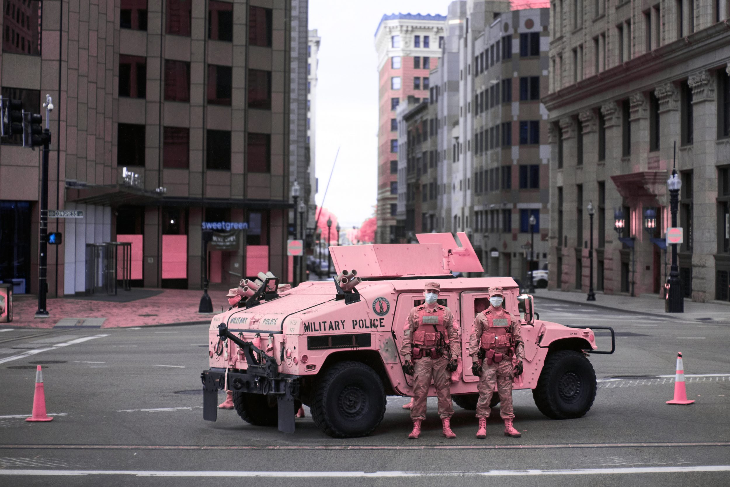 National Guard MPs position themselves beside the placard of the Boston Massacre in downtown Boston. After more than a week of peaceful Black Lives Matter protests large parts of the downtown were cordoned off and being patrolled by police and military.