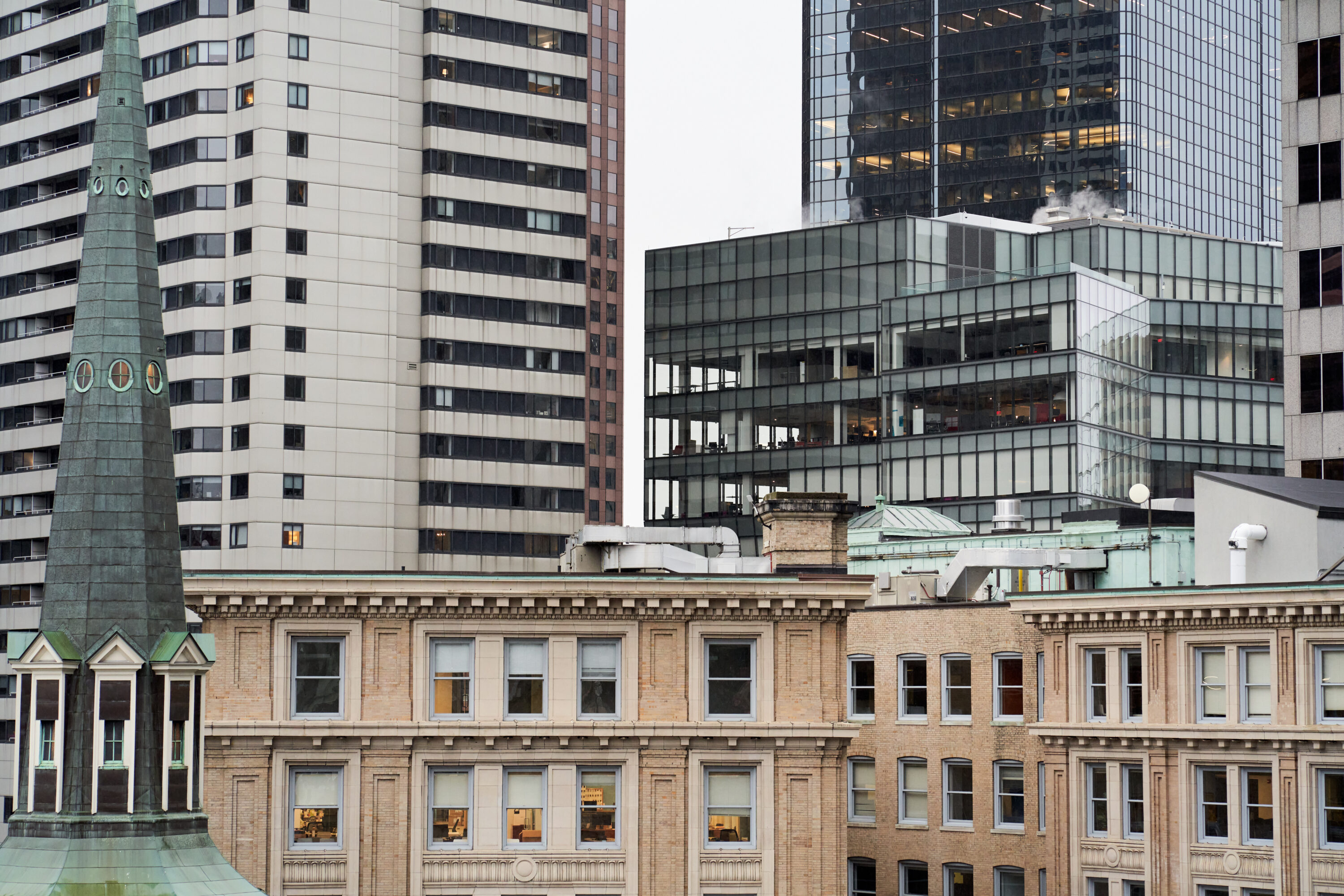Boston skyline from downtown, including the steeple of Old South Meeting House