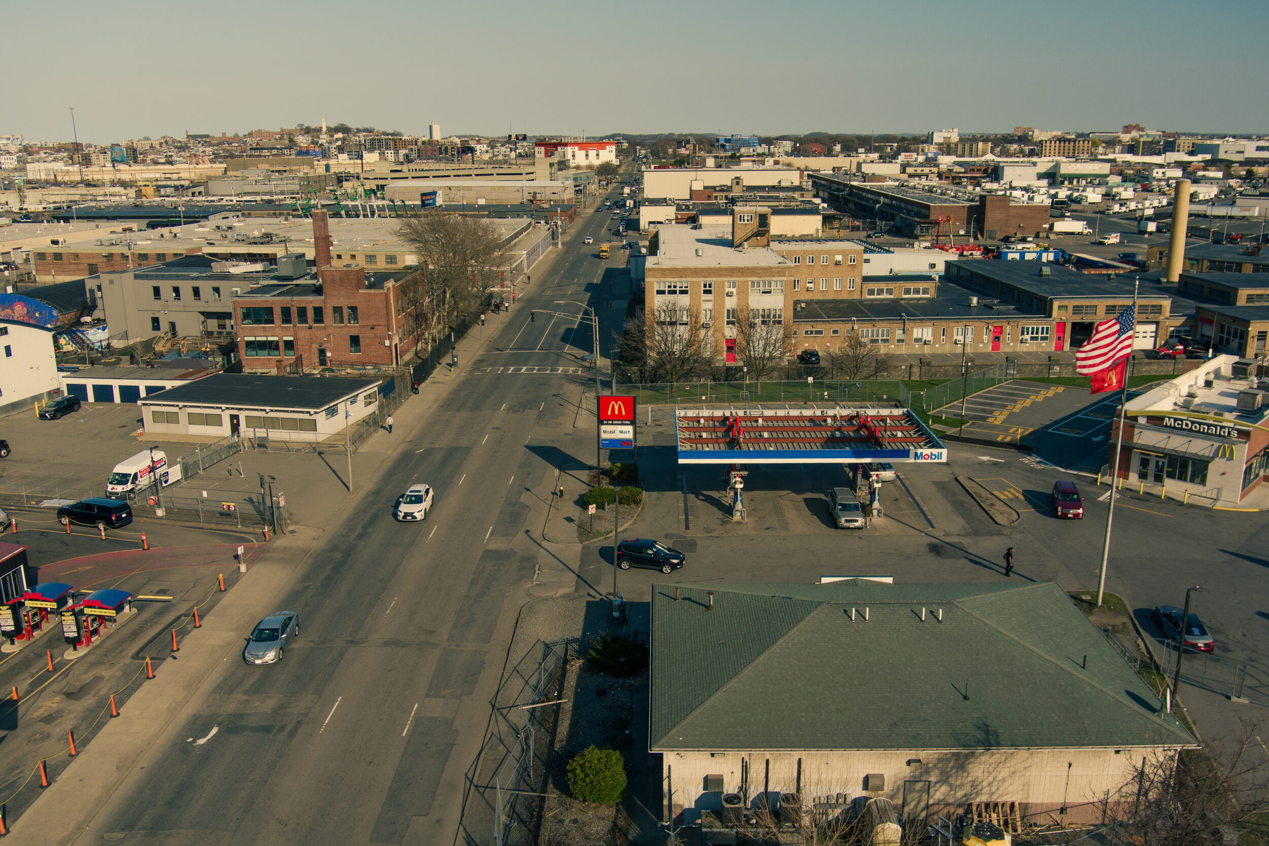 An aerial view looking down Southampton Street past the Mobil gas station and McDonald's near Mass and Cass in Boston