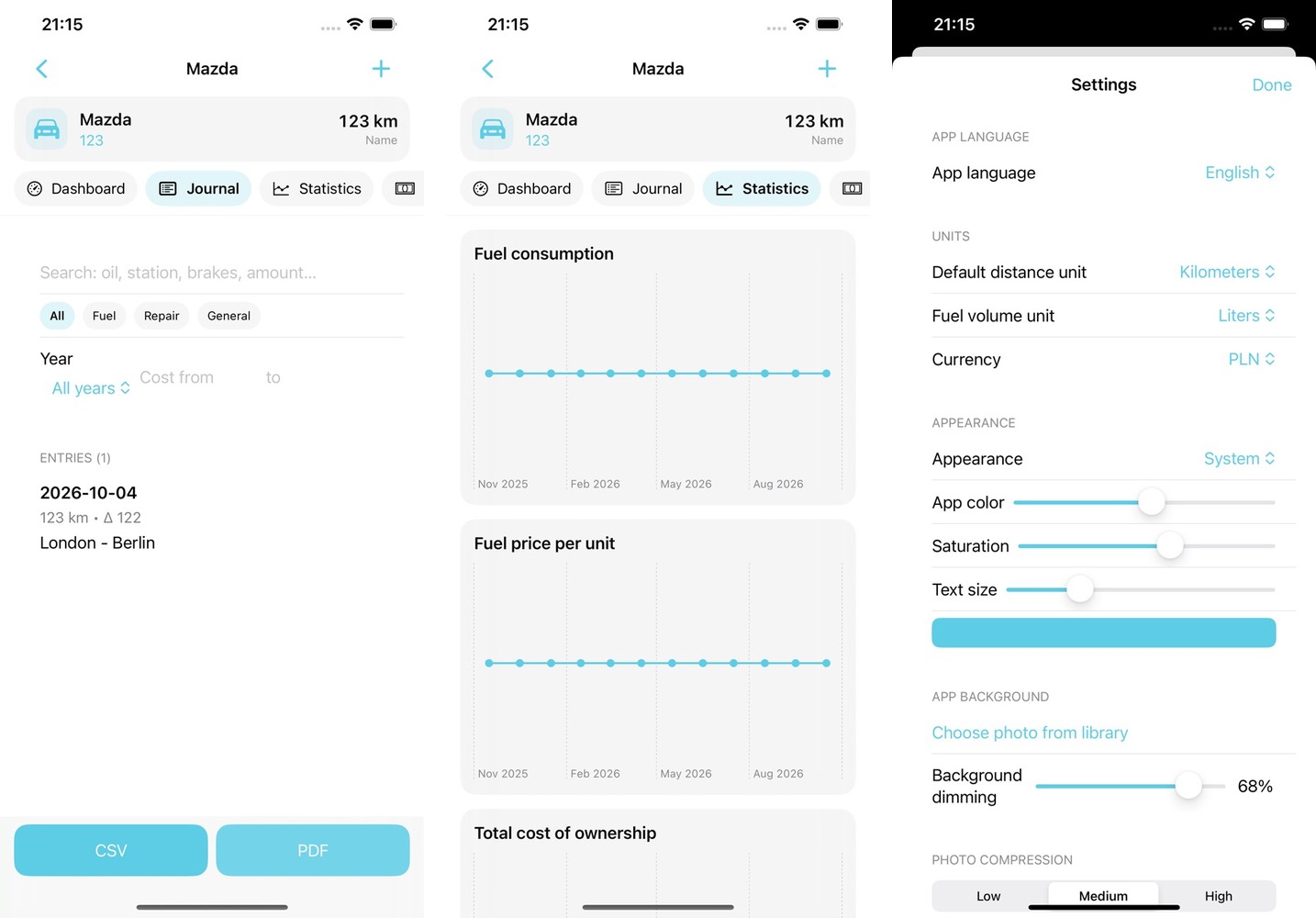 Three iPhone screenshots of DriveLogBook from its App Store listing.