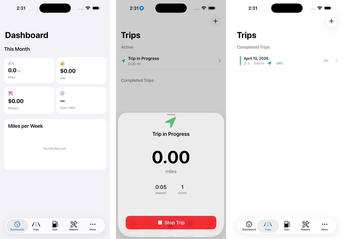 Three iPhone screenshots of Finally Fixed Mileage from its App Store listing.