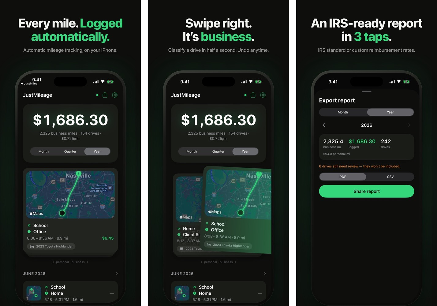Three iPhone screenshots of JustMileage: Mileage Tracker from its App Store listing.