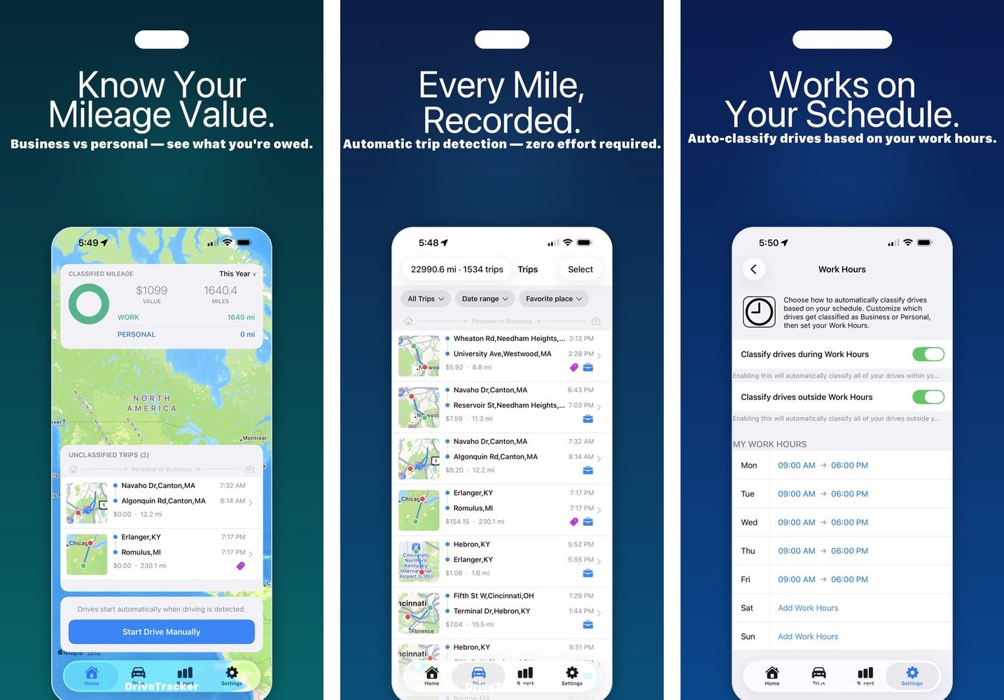 Three iPhone screenshots of Mile Logger &mdash; Mileage Tracker from its App Store listing.