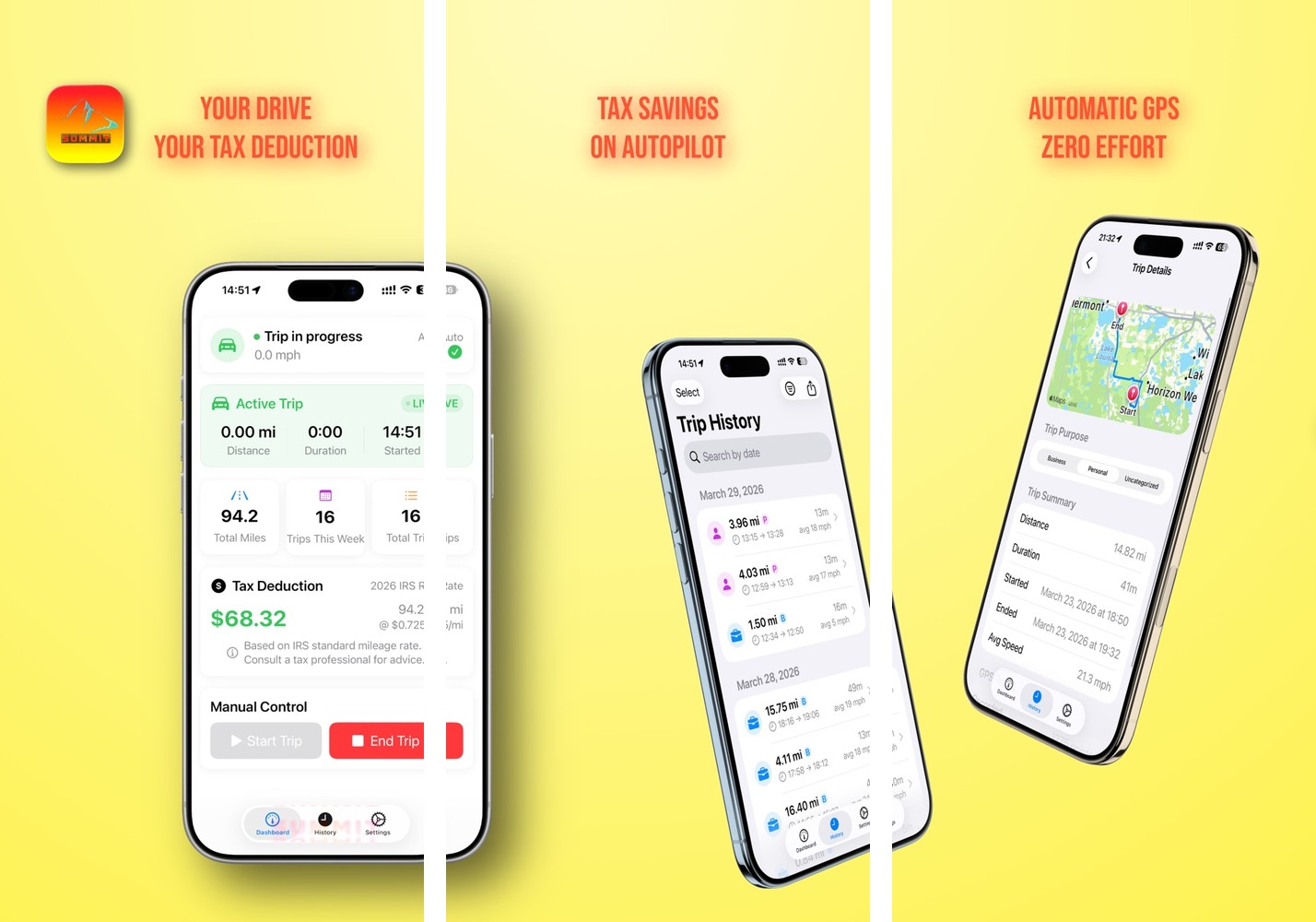Three iPhone screenshots of Mileage Tracker by Summit from its App Store listing.