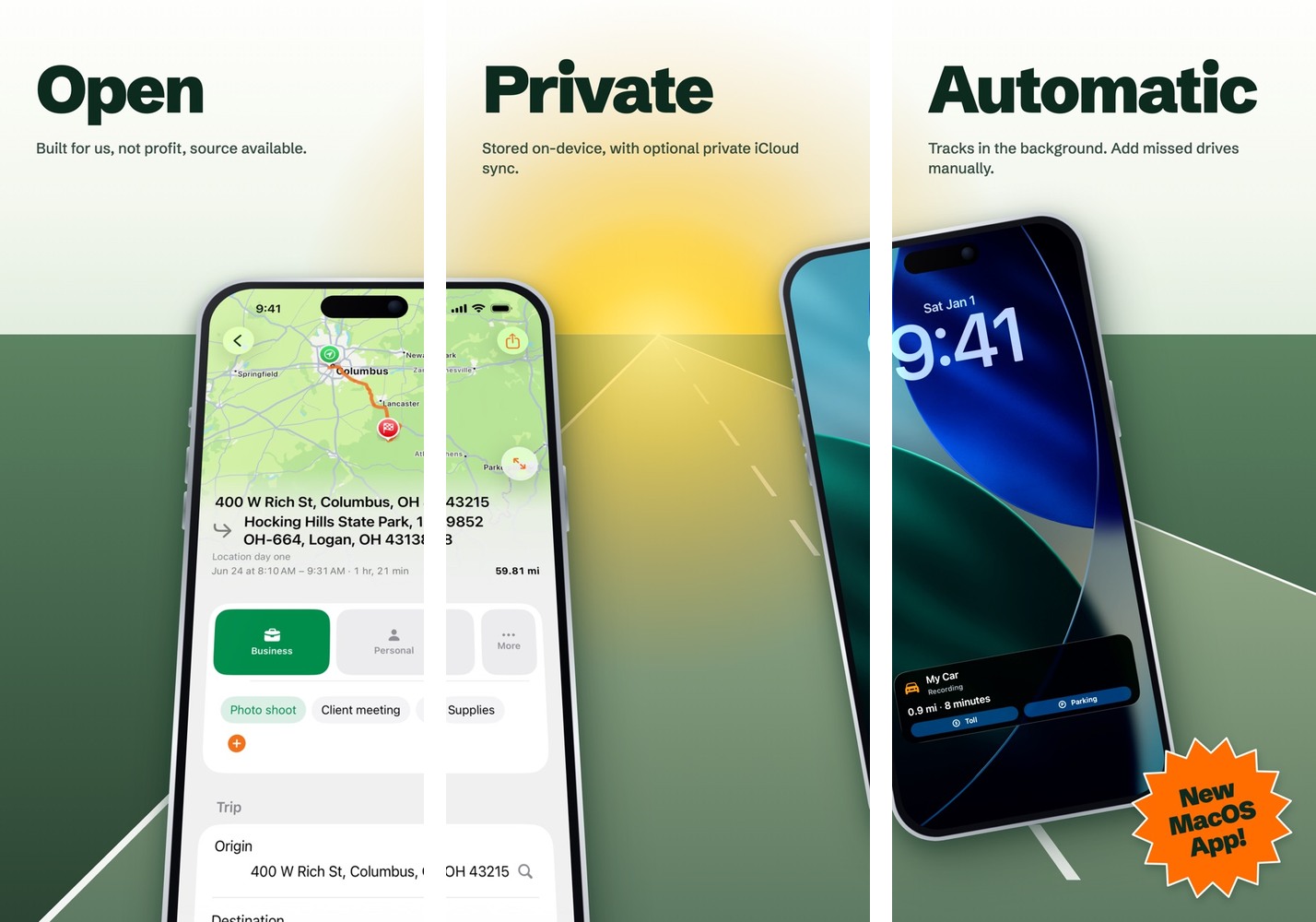 Three iPhone screenshots of Mileager from its App Store listing.