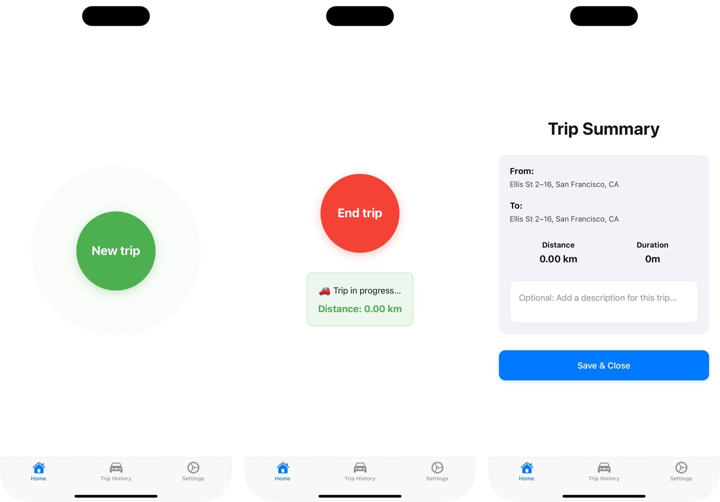Three iPhone screenshots of Milo Track &mdash; Mileage Tracking from its App Store listing.