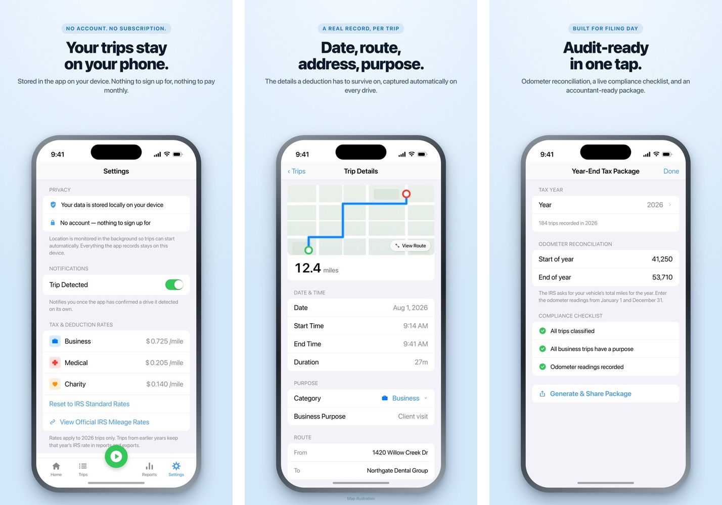 Three iPhone screenshots of Smart Mileage Tracker from its App Store listing.