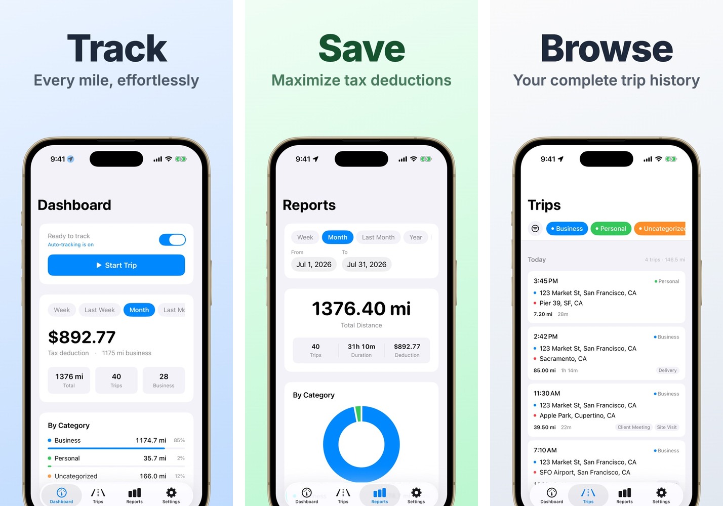 Three iPhone screenshots of Track Mileage from its App Store listing.