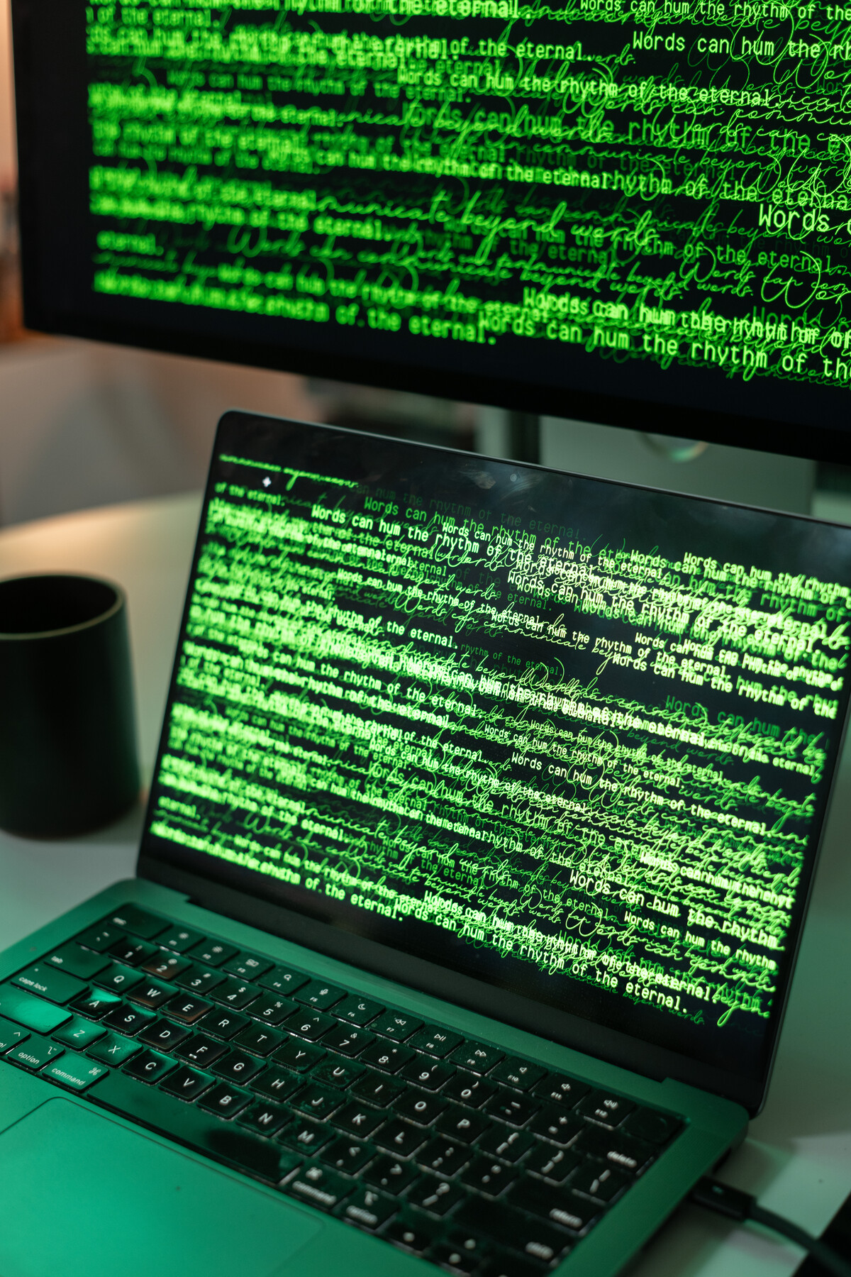 Green text fills a monitor and laptop screen.