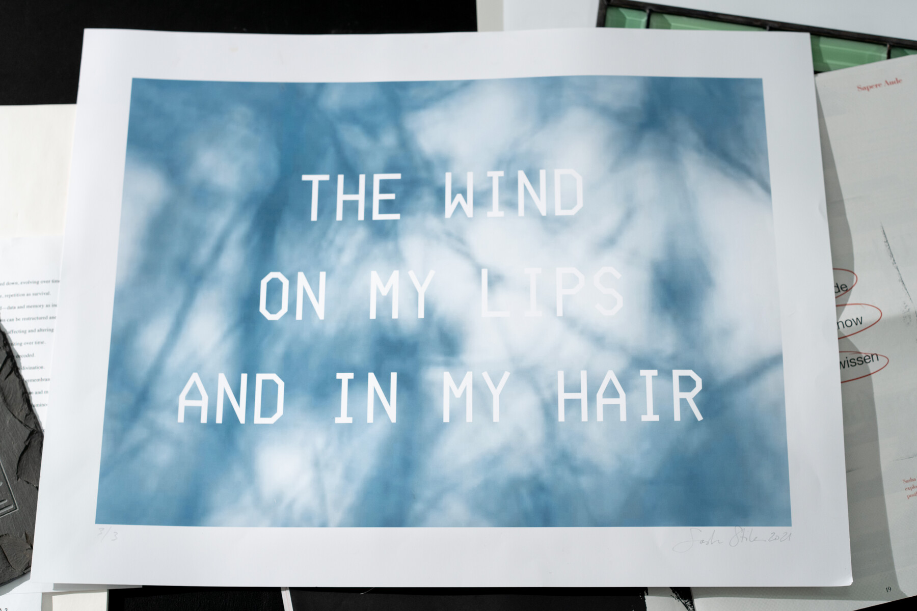 A print reads The Wind on My Lips and in My Hair against a blue sky image.
