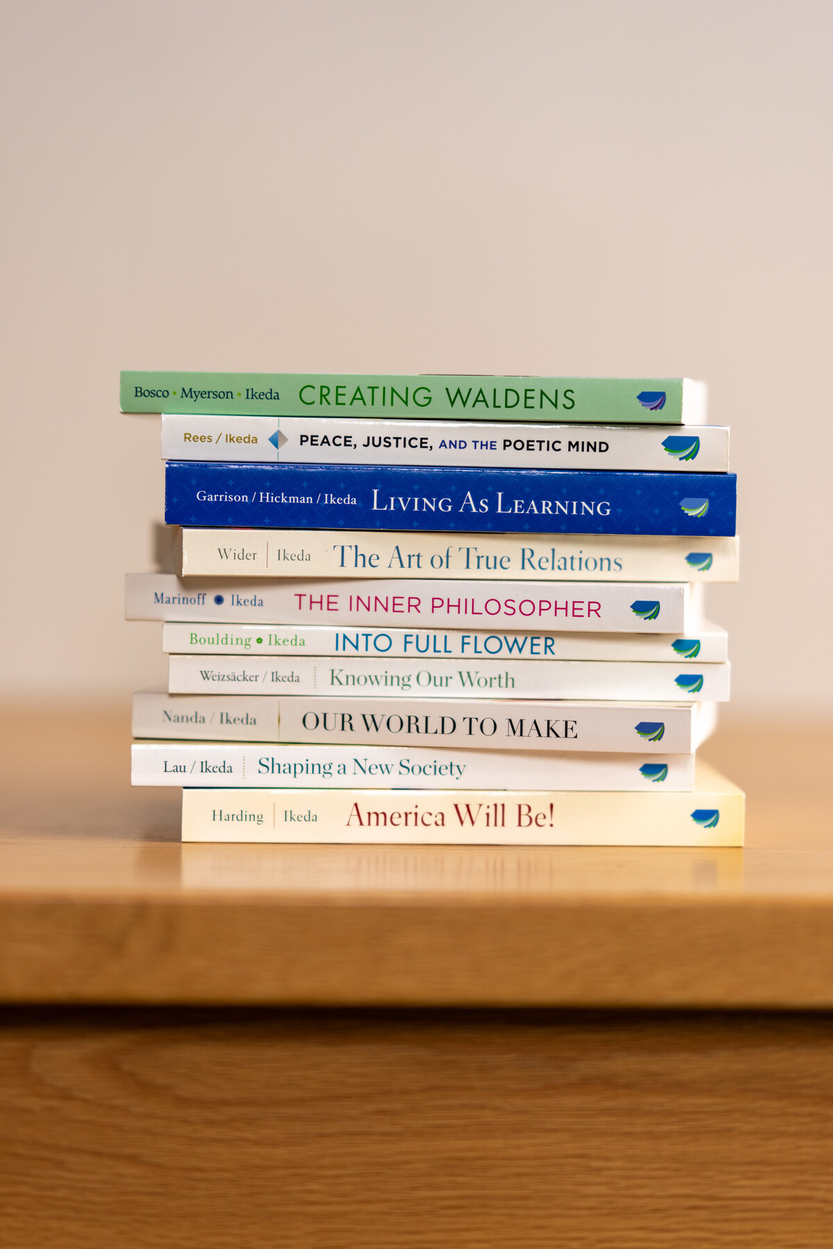 Stack of ten books on a wooden surface, with their titles visible along the spines.
