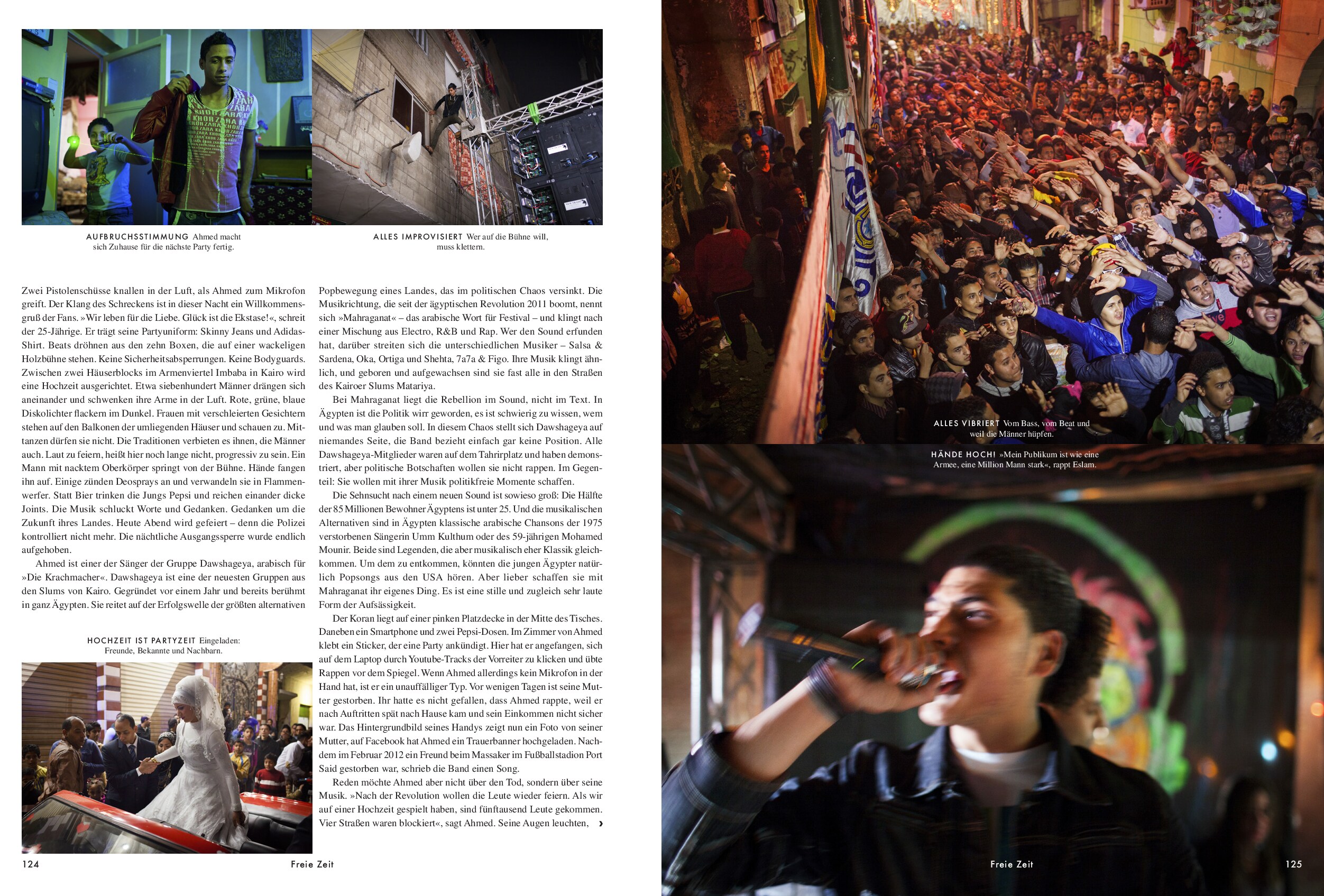 NEON magazine spread, pages 124-125, from the February 2014 story “Tanzen im Chaos.”