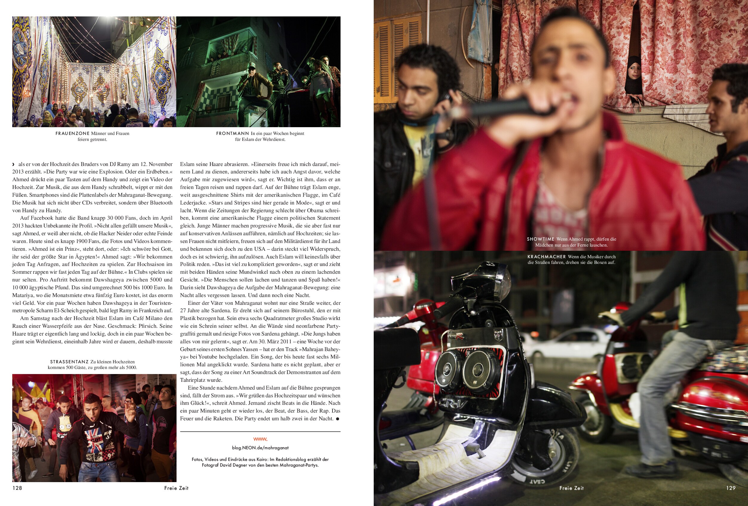 NEON magazine spread, pages 128-129, from the February 2014 story “Tanzen im Chaos.”